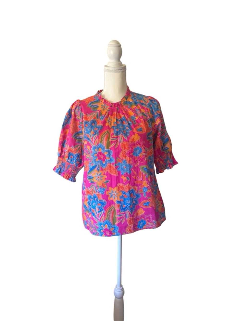 Sugarlips Pink Floral Puff-Sleeve Blouse with Blue Accents